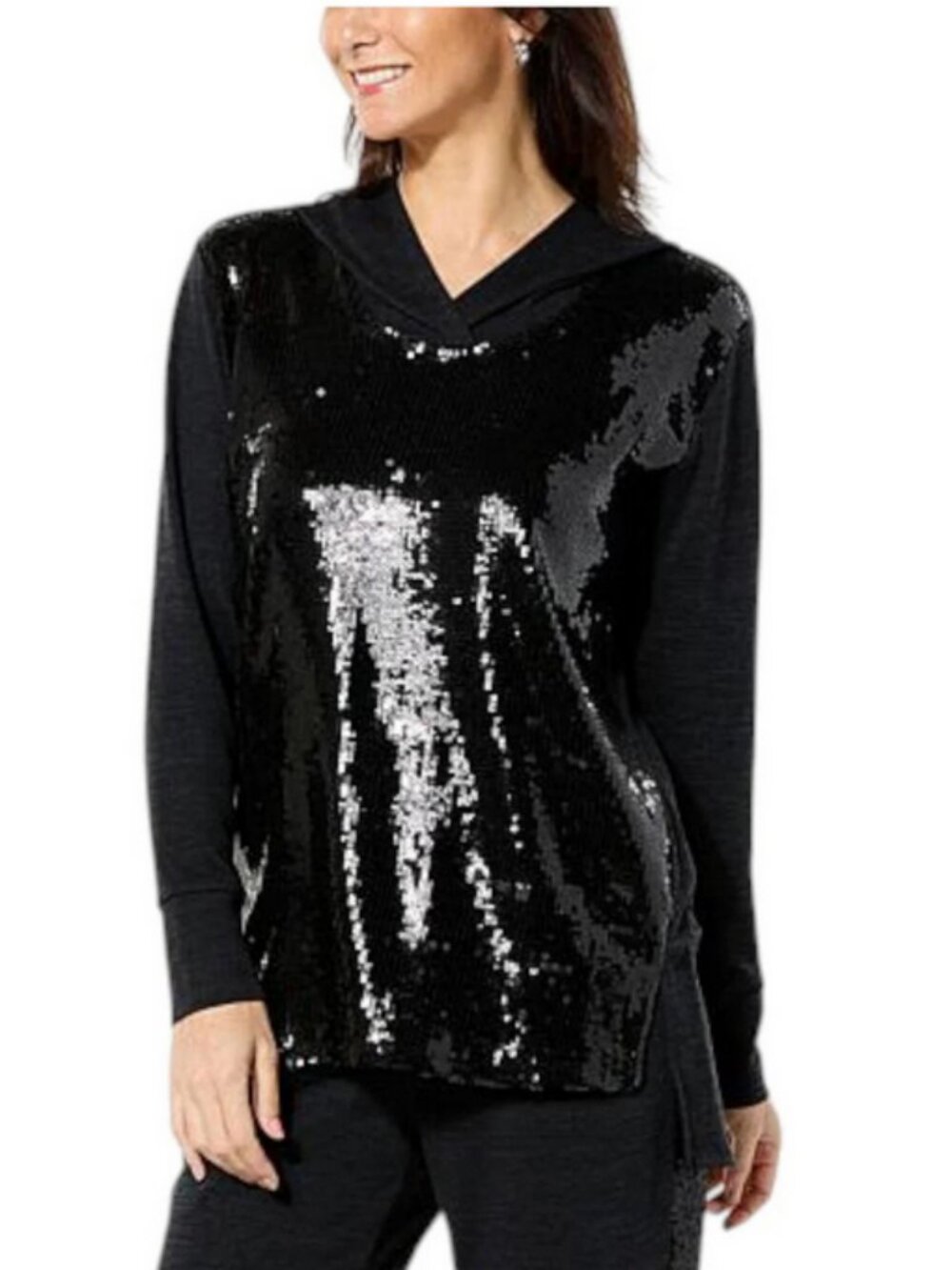 Colleen Lopez Knit LS Hoodie Sequin Front Step Hem Charcoal Black SIZE LARGE NIB